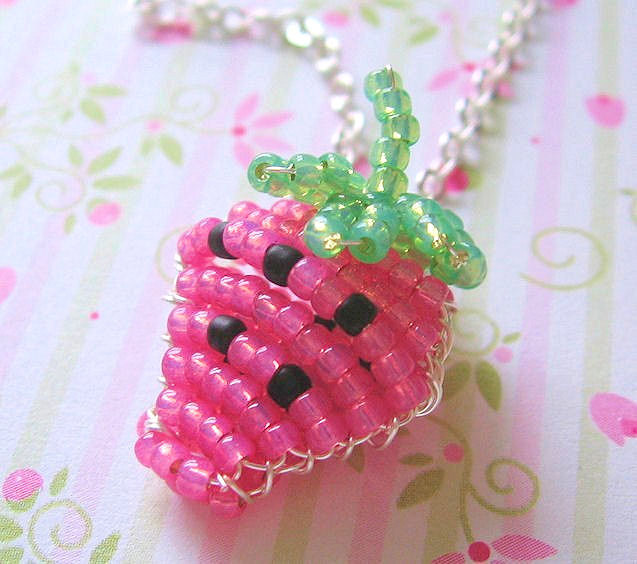 Pink Strawberry Beaded Charm Necklace